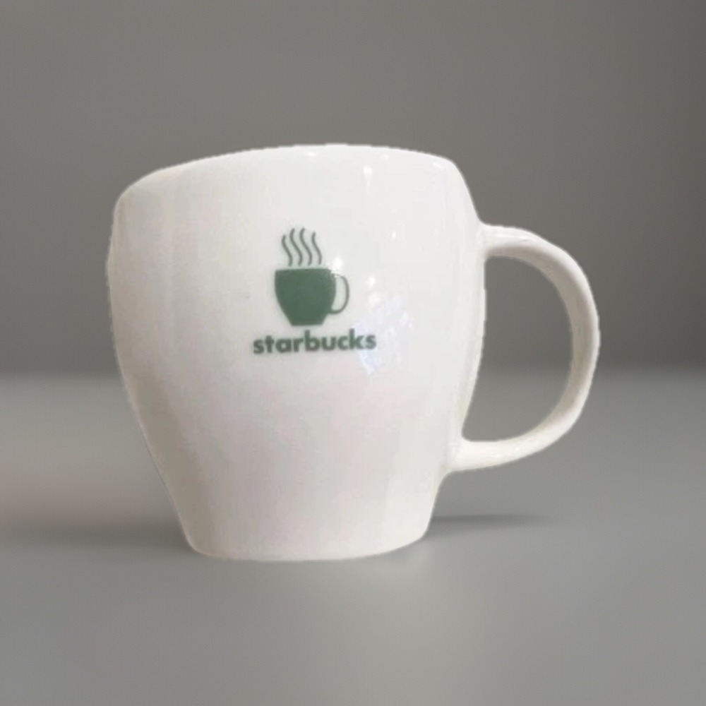 2003 Starbucks Barista Abbey Mug with Steaming Cup White with Green Stripe